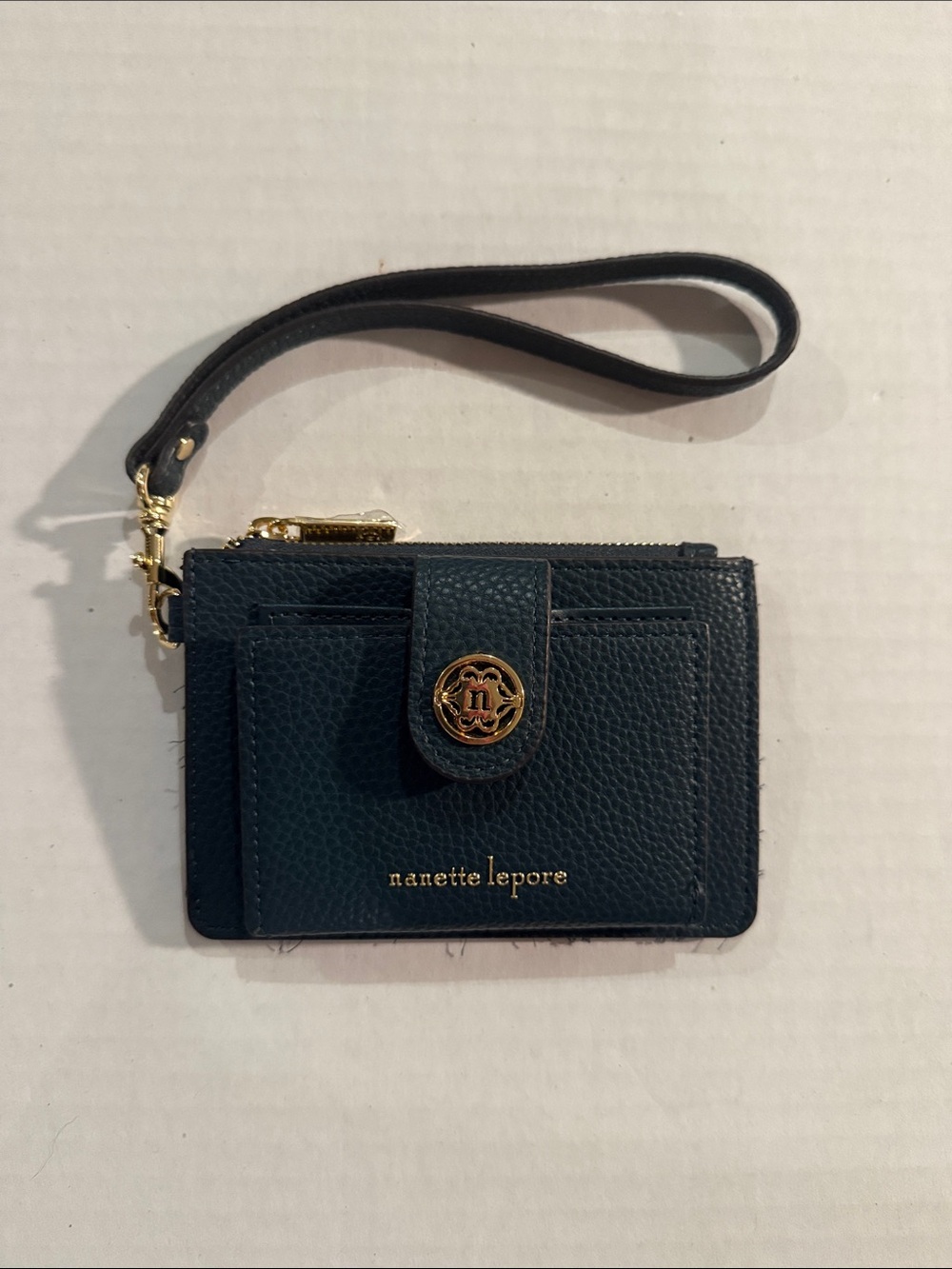 Nanette Lepore Teal Textured Leather Wristlet Card Holder with Gold Hardware